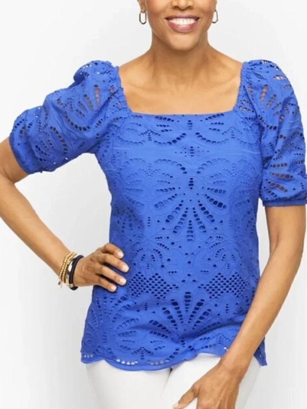 Talbots Women's Size 12 Royal Blue Pure Cotton Lined Eyelet Blouse NEW